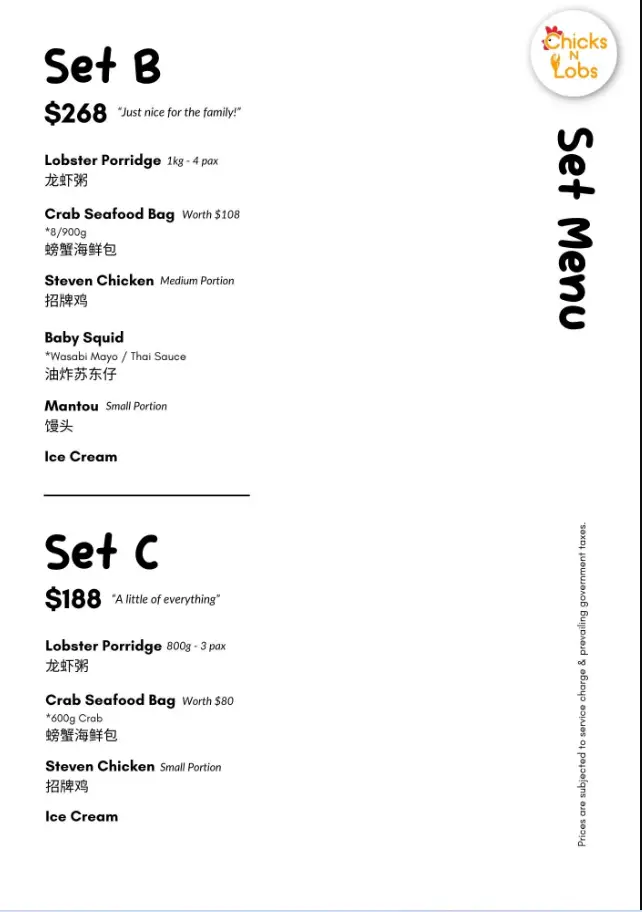 CHICKS N LOBS MENU SINGAPORE